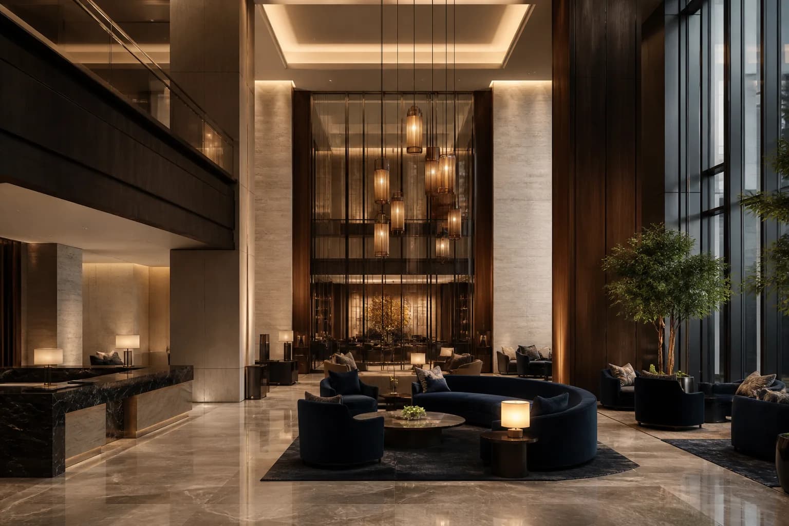 Grand lobby with walnut, travertine and amber light